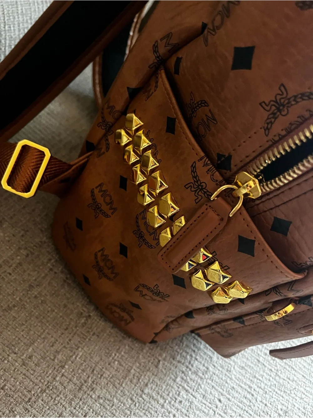 MCM Cognac Logo Visetos Backpack with Gold Hardware